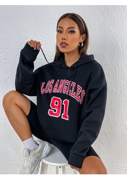 Unisex Siyah Los Angeles 91 Baskılı Oversize Kapşonlu Sweatshirt