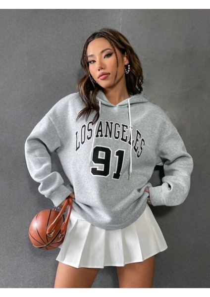 Unisex Gri Los Angeles 91 Baskılı Oversize Kapşonlu Sweatshirt