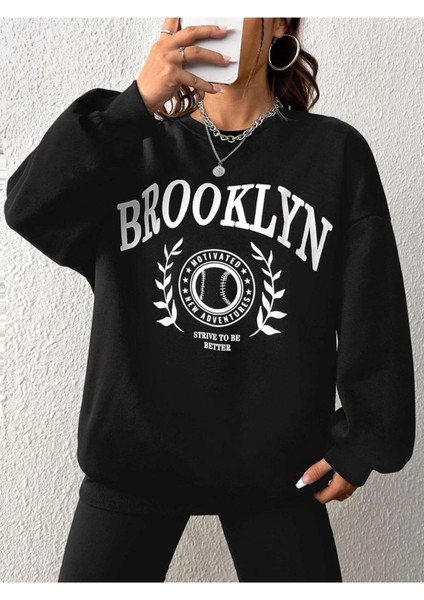 Unisex Siyah Brooklyn Baskılı Bisiklet Yaka Oversize Sweatshirt