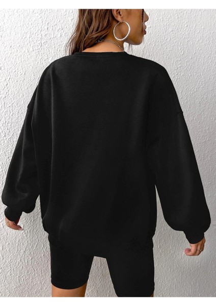 Unisex Siyah Brooklyn Baskılı Bisiklet Yaka Oversize Sweatshirt