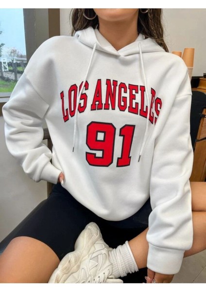 Unisex Beyaz Los Angeles 91 Baskılı Oversize Kapşonlu Sweatshirt