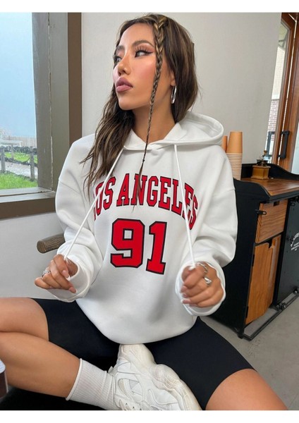 Unisex Beyaz Los Angeles 91 Baskılı Oversize Kapşonlu Sweatshirt