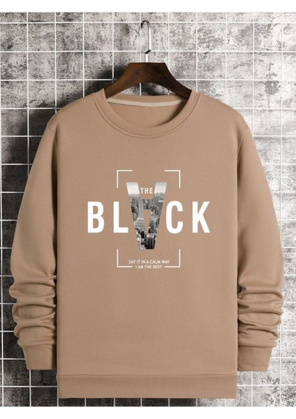 Unisex Bej Black Baskılı Bisiklet Yaka Oversize Sweatshirt