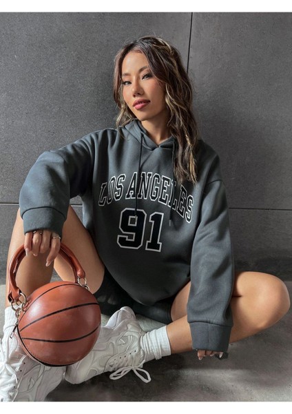 Unisex Füme Los Angeles 91 Baskılı Oversize Kapşonlu Sweatshirt