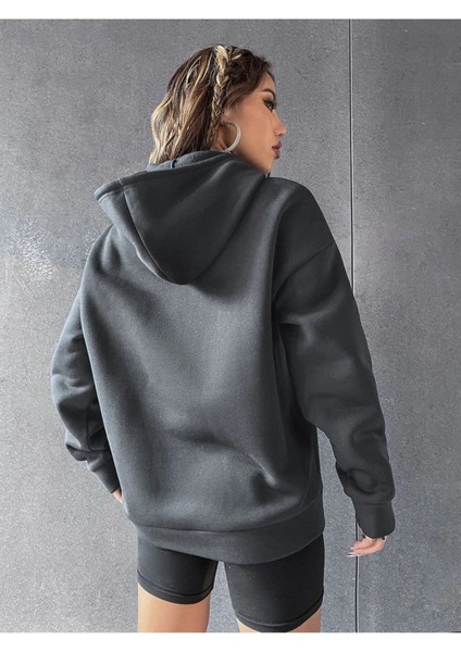 Unisex Füme Los Angeles 91 Baskılı Oversize Kapşonlu Sweatshirt