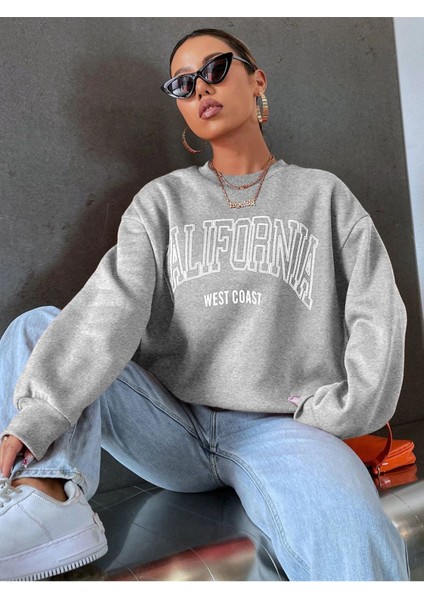 Unisex Gri California West Baskılı Bisiklet Yaka Oversize Sweatshirt