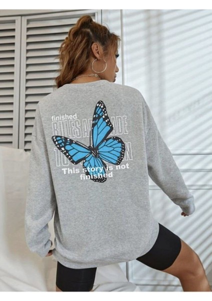 Kadın Gri Kelebek Bisiklet Yaka Sweatshirt fiyatları