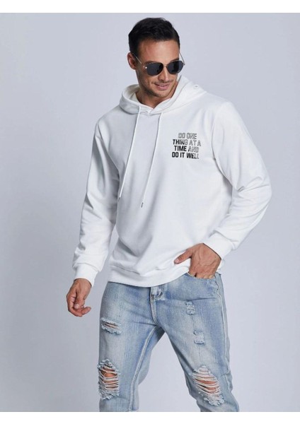 Unisex Beyaz  Sırt Baskılı Kapşonlu Oversize Sweatshirt