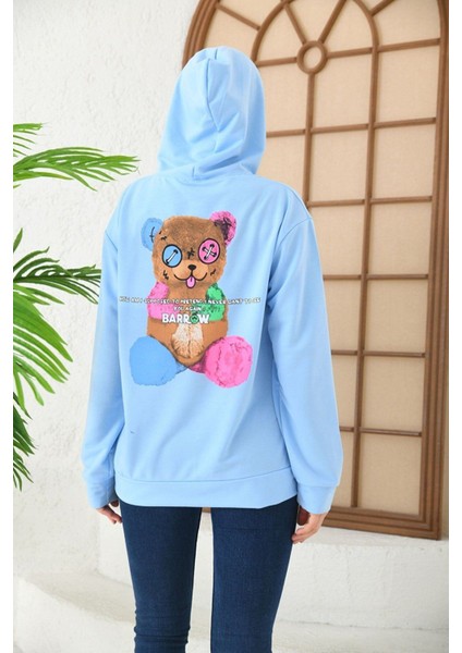 Unisex Mavisi Barrow Baskılı Oversize Kapşonlu Sweatshirt modelleri