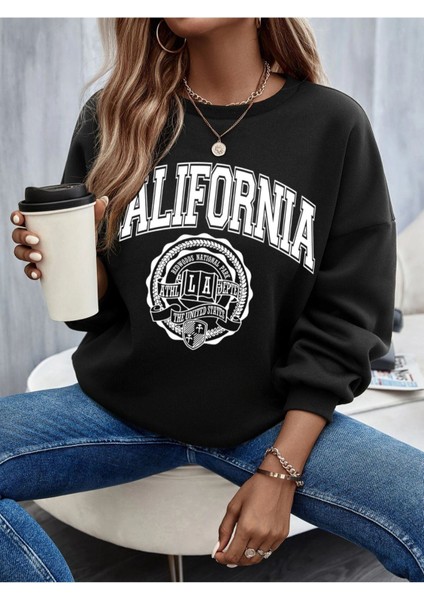 Unisex Siyah California Baskılı Bisiklet Yaka Oversize Sweatshirt