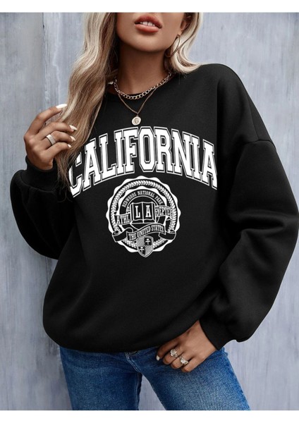 Unisex Siyah California Baskılı Bisiklet Yaka Oversize Sweatshirt