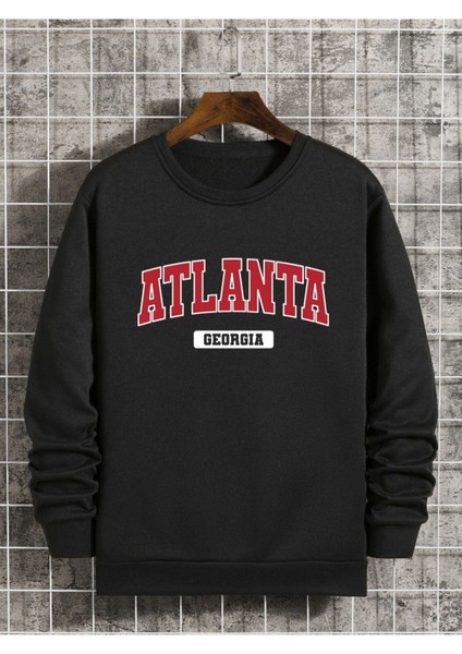 Unisex Siyah Atalanta Baskılı Bisiklet Yaka Oversize Sweatshirt