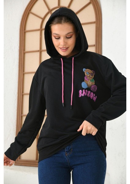 Unisex Siyah Barrow Baskılı Oversize Kapşonlu Sweatshirt