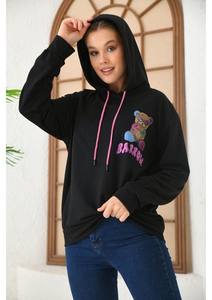 Unisex Siyah Barrow Baskılı Oversize Kapşonlu Sweatshirt modelleri