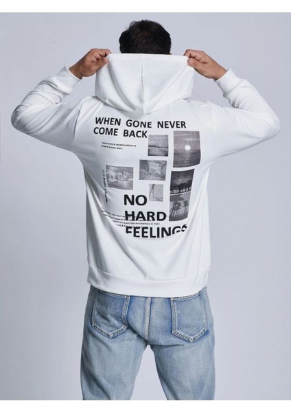 Unisex Beyaz Sırt Baskılı Kapşonlu Oversize Sweatshirt