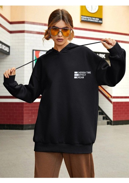 Unisex Siyah Effect Baskılı Oversize Kapşonlu Sweatshirt