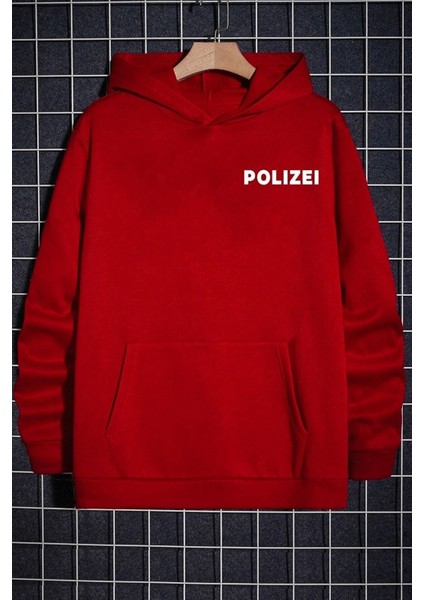 Unisex Kırmızı Polizei Baskılı Oversize Kapüşonlu Sweatshirt