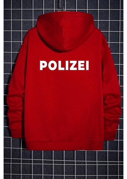 Unisex Kırmızı Polizei Baskılı Oversize Kapüşonlu Sweatshirt