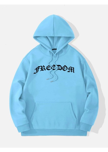 Unisex Mavi Freedom Baskılı Oversize Kapüşonlu Sweatshirt