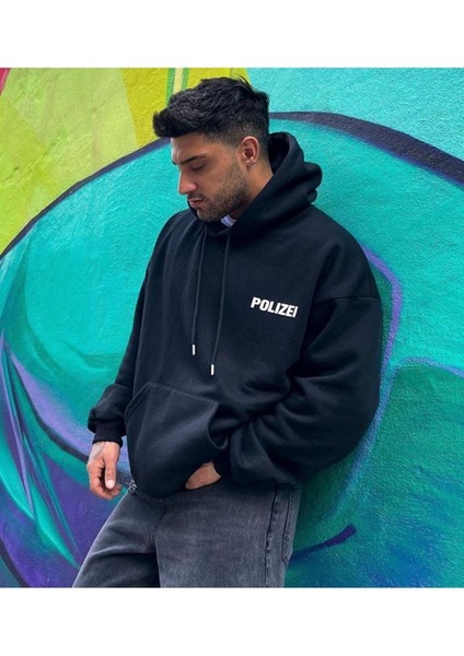 Unisex Siyah Polizei Baskılı Oversize Kapüşonlu Sweatshirt