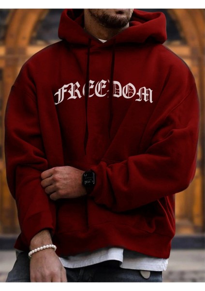 Unisex Kırmızı Freedom Baskılı Oversize Kapüşonlu Sweatshirt