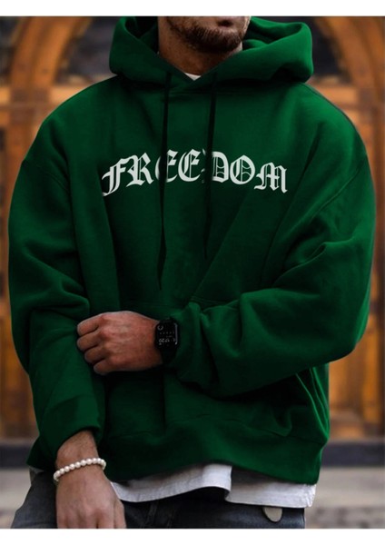 Unisex Yeşil Freedom Baskılı Oversize Kapüşonlu Sweatshirt