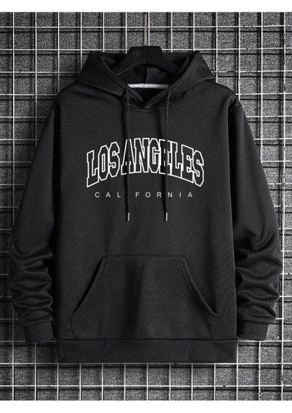 Unisex Siyah Los Angeles Baskılı Oversize Kapşonlu Sweatshirt
