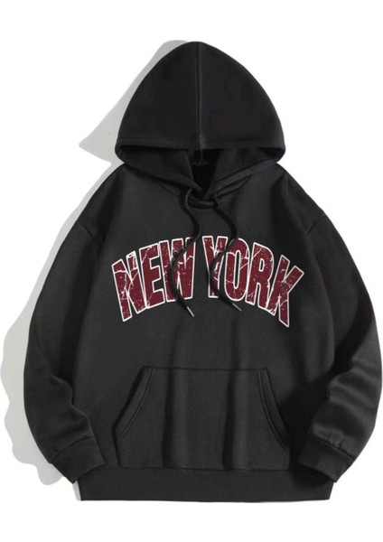 Unisex Siyah Newyork Baskılı Kapşonlu Oversize Sweatshirt