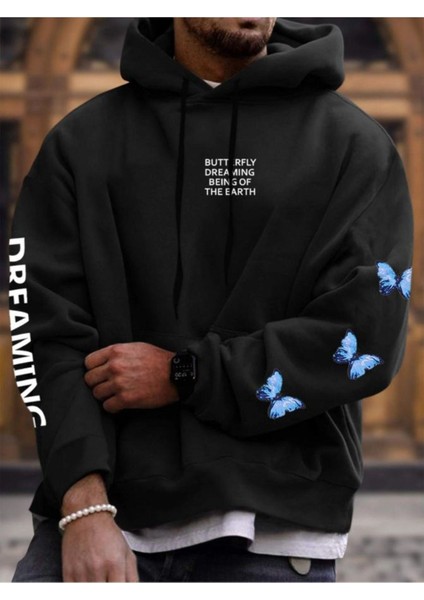 Unisex Siyah Dream Kelebek Baskılı Kapşonlu Oversize Sweatshirt