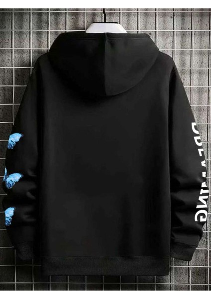 Unisex Siyah Dream Kelebek Baskılı Kapşonlu Oversize Sweatshirt fiyatları