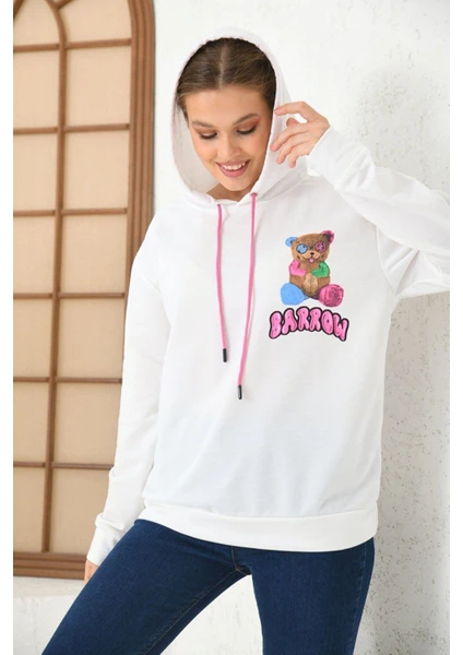 Unisex Beyaz Barrow Baskılı Oversize Kapşonlu Sweatshirt