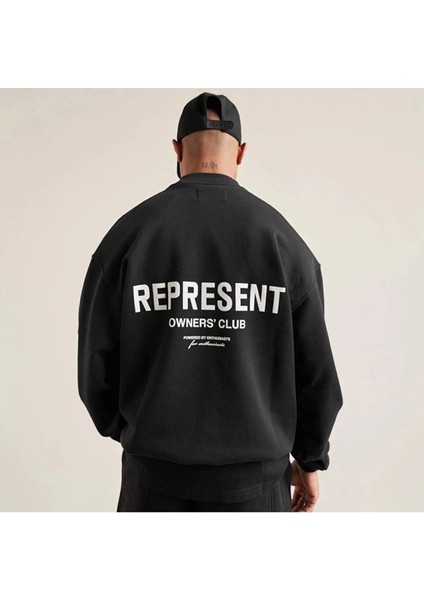 Erkek Siyah Represent Baskılı Oversize Bisiklet Yaka Sweatshirt