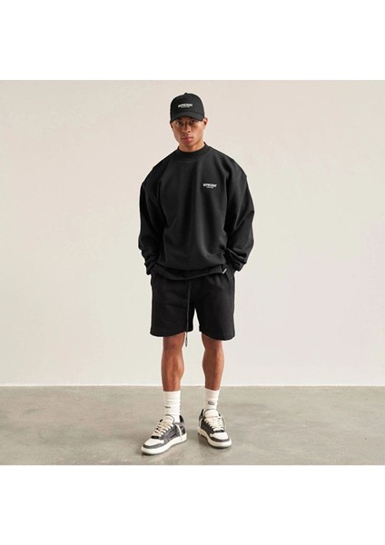 Erkek Siyah Represent Baskılı Oversize Bisiklet Yaka Sweatshirt