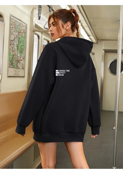 Unisex Siyah Effect Baskılı Oversize Kapşonlu Sweatshirt