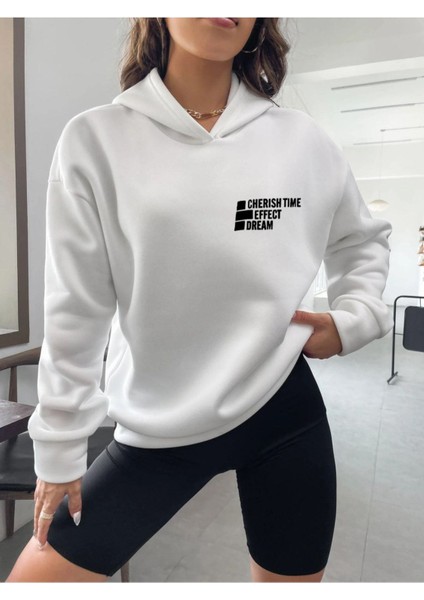 Unisex Beyaz Effect Baskılı Oversize Kapşonlu Sweatshirt
