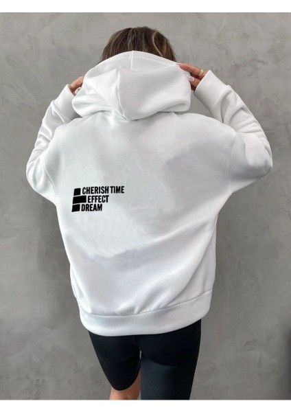 Unisex Beyaz Effect Baskılı Oversize Kapşonlu Sweatshirt
