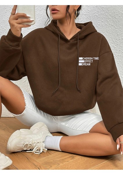 Unisex Kahve Effect Baskılı Oversize Kapşonlu Sweatshirt