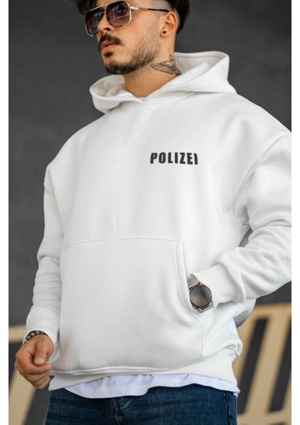 Unisex Beyaz Polizei Baskılı Oversize Kapüşonlu Sweatshirt