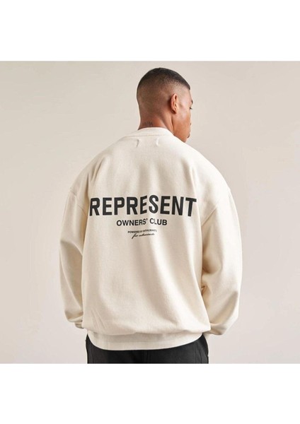 Erkek Beyaz Represent Baskılı Oversize Bisiklet Yaka Sweatshirt