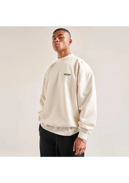 Erkek Beyaz Represent Baskılı Oversize Bisiklet Yaka Sweatshirt