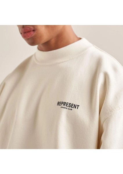 Erkek Beyaz Represent Baskılı Oversize Bisiklet Yaka Sweatshirt