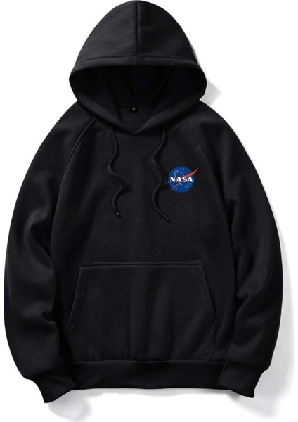 Unisex Siyah Nasa Baskılı Oversize Kapşonlu Sweatshirt
