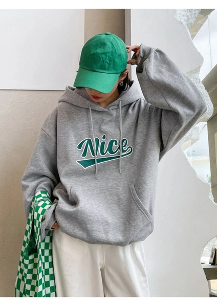 Unisex Gri Nice Baskılı Oversize Kapşonlu Sweatshirt