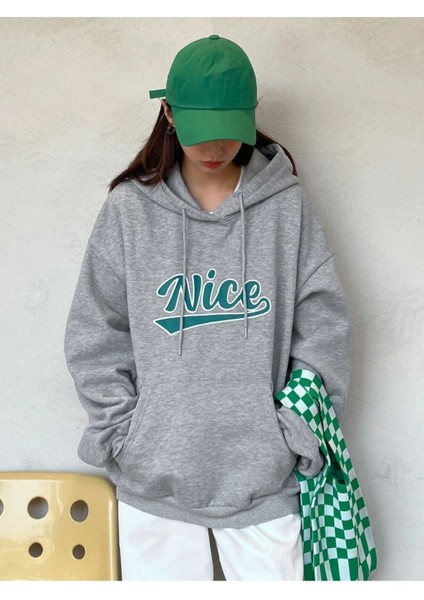 Unisex Gri Nice Baskılı Oversize Kapşonlu Sweatshirt
