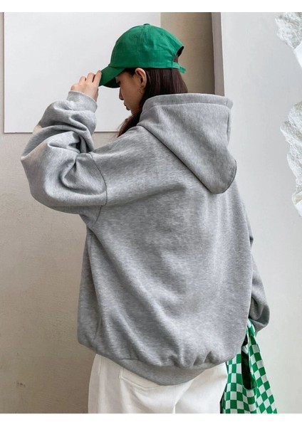 Unisex Gri Nice Baskılı Oversize Kapşonlu Sweatshirt