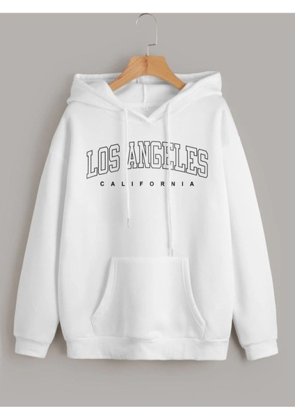 Unisex Beyaz Los Angeles Baskılı Oversize Kapşonlu Sweatshirt