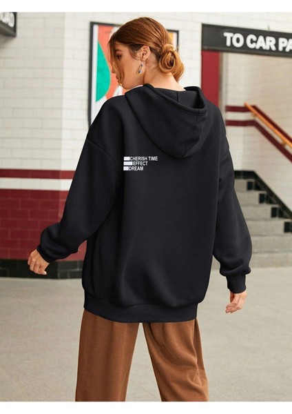 Unisex Siyah Effect Baskılı Oversize Kapşonlu Sweatshirt fırsatları