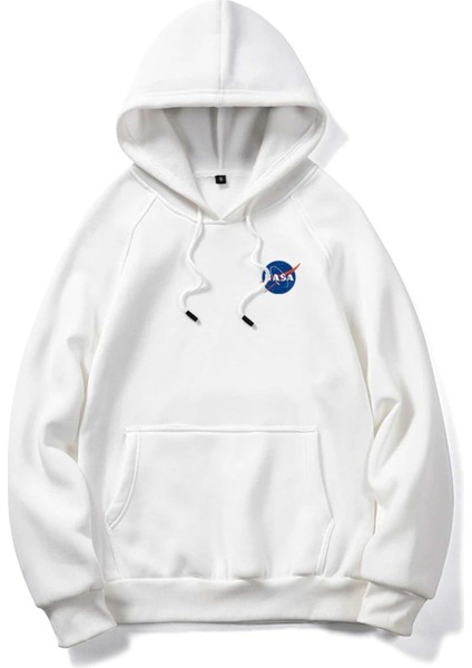 Unisex Beyaz Nasa Baskılı Oversize Kapşonlu Sweatshirt