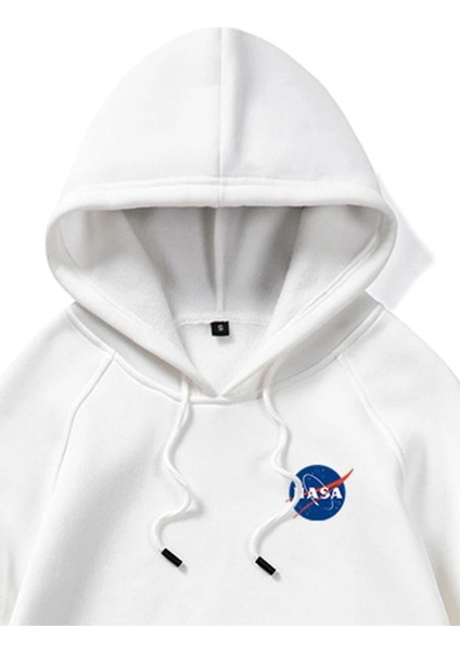 Unisex Beyaz Nasa Baskılı Oversize Kapşonlu Sweatshirt