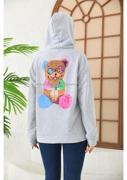 Unisex Gri Barrow Baskılı Oversize Kapşonlu Sweatshirt fiyatları